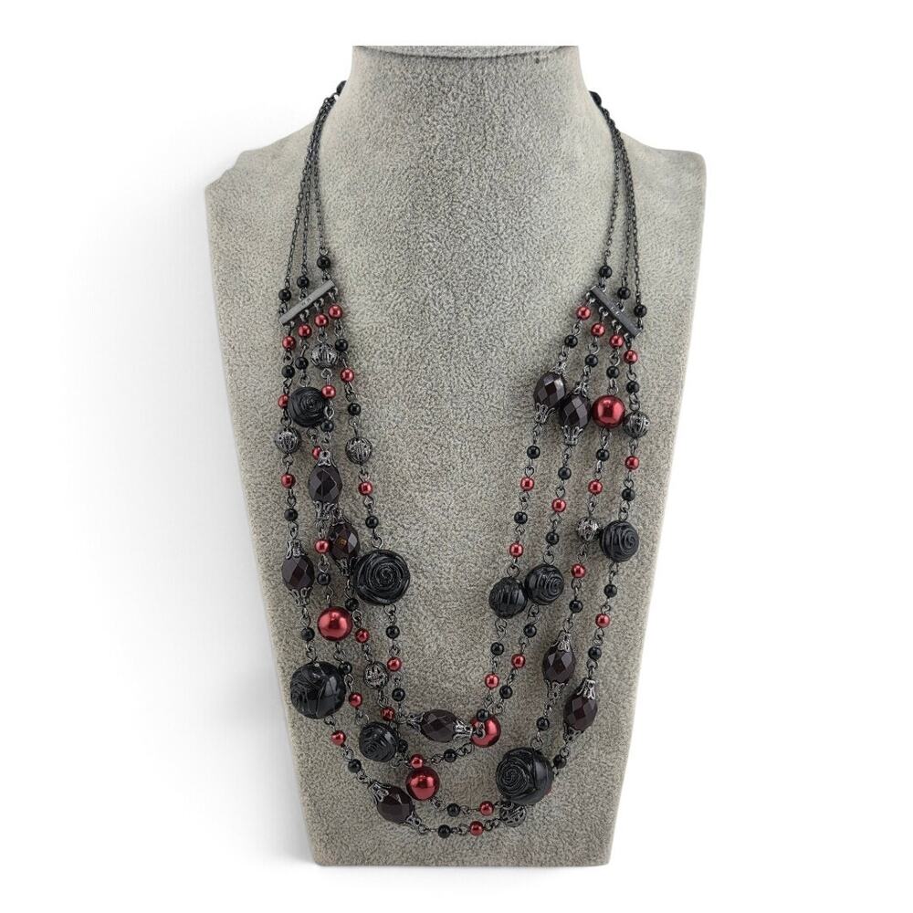 Vintage Multi Strand Gunmetal Necklace Black Red Rose Beads Statement